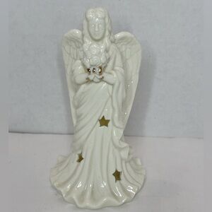 Angel Holding Bouquet Tea Light Holder White and Gold Ceramic  Christmas Decor